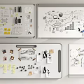 Creative Whiteboard Displays Featuring Musical Instruments Art Supplies Sketches Drawings and Notes