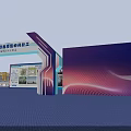 Large Event Venue Layout With Blue Theme Stage Seating Booths And Entrance Arch