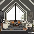Comfortable Living Room With A-frame Ceiling Large Windows Cozy Sofa Rug And Green Trees View