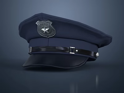 Police Hat With Dark Blue Design Badge And Black Leather Strap 3d model