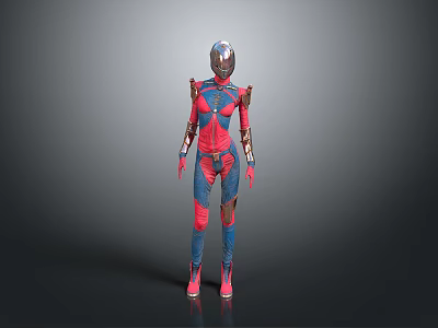 Futuristic Sci Fi Character 3D Model With Red Blue Armored Suit And Metallic Helmet 3d model