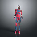 Futuristic Sci Fi Character 3D Model With Red Blue Armored Suit And Metallic Helmet