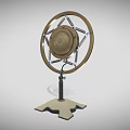 Vintage Microphone With Circular Wooden Frame And Metal Stand Base Design