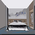Modern Hotel Guest Room With King Bed Bedside Art Nightstands White Curtains And Blue Carpet