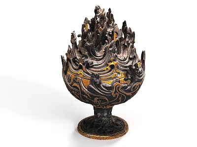 Intricate Metal Sculpture With Flame Shaped Carvings And Golden Decorative Base 3d model