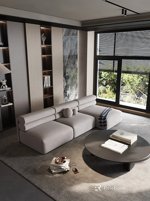 Modern Living Room Interior With Gray L Shaped Sofa Round Coffee Table And Large Windows 3d model 