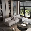 Modern Living Room Interior With Gray L Shaped Sofa Round Coffee Table And Large Windows