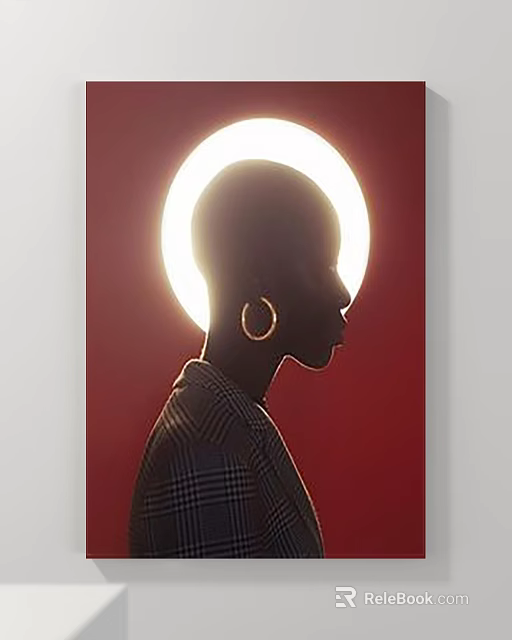 Silhouette Portrait With Large Hoop Earrings Plaid Coat and Bright Circular Light Against Red Background 3d model 
