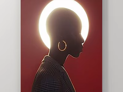Silhouette Portrait With Large Hoop Earrings Plaid Coat and Bright Circular Light Against Red Background 3d model