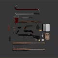 Various Weapons Collection Including Axe Knife Gun Crowbar Baseball Bat And Tools 3d model