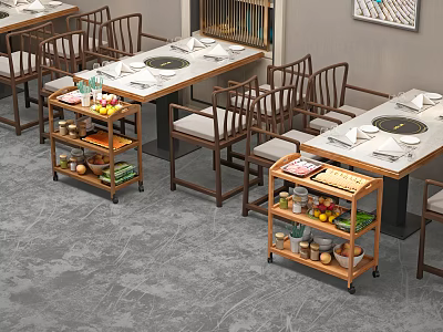 Functional Dining Tables With Circular Hot Pot Area And Wheeled Food Carts In Restaurant 3d model