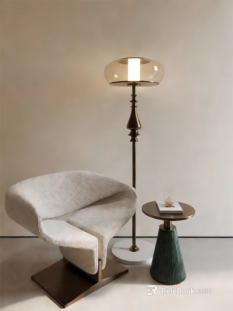 Modern Floor Lamp With Brass Base And Glass Shade Beside Cozy Chair And Side Table 3d model 