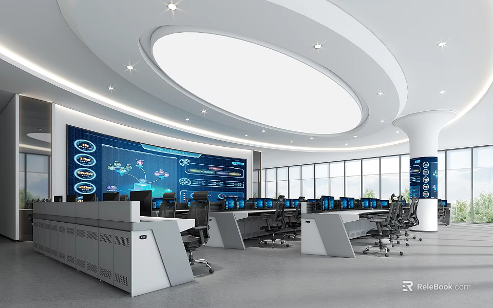 Modern Control Room Interior With Large Screen Multiple Monitors And Control Desks 3d model 