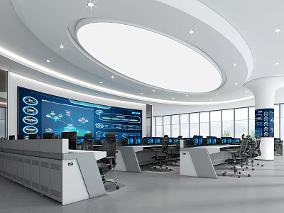Modern Control Room Interior With Large Screen Multiple Monitors And Control Desks 3d model