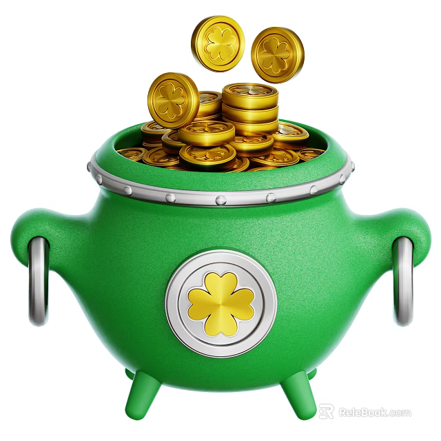 Green Cauldron Decorative Ornament Set With Gold Coins And Four Leaf Clover Design 3d model 
