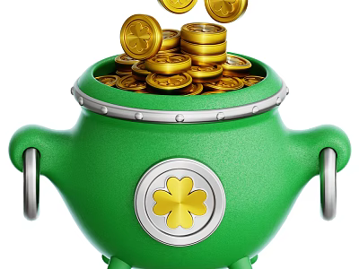 Green Cauldron Decorative Ornament Set With Gold Coins And Four Leaf Clover Design 3d model