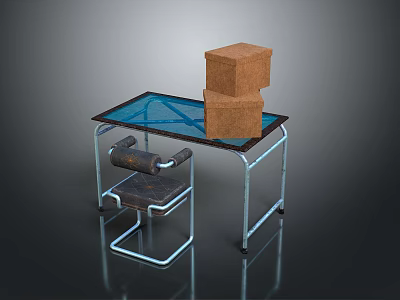 Metal Frame Table With Blue Tabletop Holding Stacked Cardboard Boxes And Woven Chair 3d model