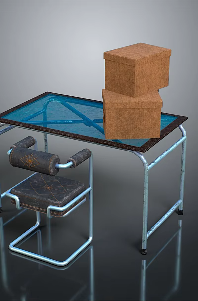 Metal Frame Table With Blue Tabletop Holding Stacked Cardboard Boxes And Woven Chair 3d model