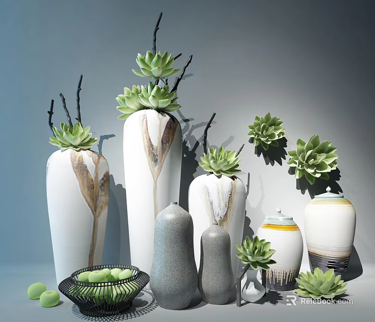 Decorative Ceramic Vessels Featuring White Gray Textured Patterns And Succulent Plants 3d model 