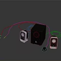 Black Desktop Computer Speakers With Three Units And Connecting Wires 3d model