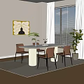 Modern White Dining Table Set with Brown Chairs Green Plants and Decorative Art