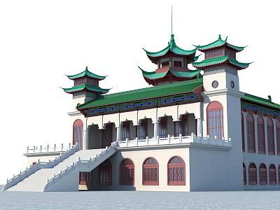 Ancient Architecture with Green Roofs Multi Tiered Eaves Red Windows White Walls Stone Steps Balustrades 3d model