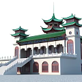 Ancient Architecture with Green Roofs Multi Tiered Eaves Red Windows White Walls Stone Steps Balustrades