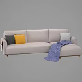 Light Gray L Shaped Sofa Set with Gray Yellow Cushions and Blue Plaid Throw 3d model