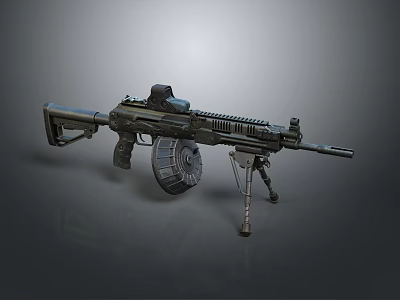 Modern Light Machine Gun With Drum Magazine Tripod Stand And Tactical Design 3d model