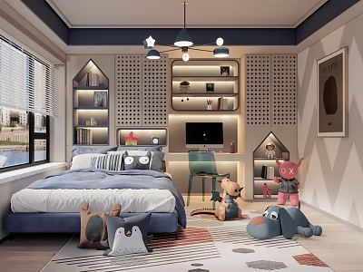 Modern Kids Room Interior With Blue Bed Geometric Shelves Plush Toys And Colorful Rug 3d model