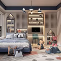 Modern Kids Room Interior With Blue Bed Geometric Shelves Plush Toys And Colorful Rug