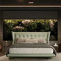 Modern Bedroom With Green Tufted Double Bed Brown Accent Chair And Greenery Backdrop