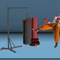 Cartoon Character Kicking Punching Bag In Orange Pants And White Top With Red Boxing Gloves