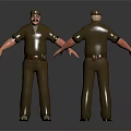 3D Character Model With Brown Uniform Cap Beard And Front Back View Pose