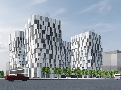 Modern Office Buildings with Black and White Geometric Facade Surrounded by Trees and Parked Vehicles 3d model
