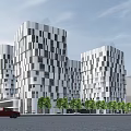 Modern Office Buildings with Black and White Geometric Facade Surrounded by Trees and Parked Vehicles