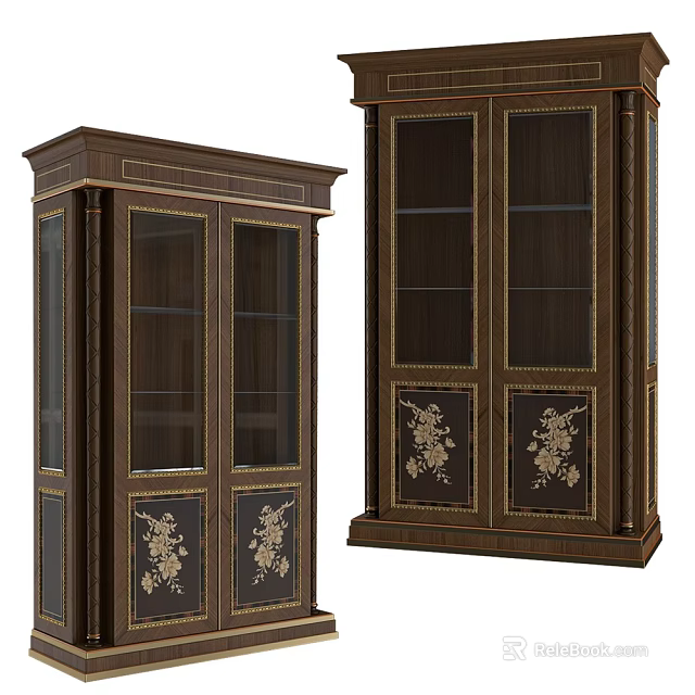 Classic Wooden Console and Side Cabinet for Home Entryway with Glass Doors Golden Floral Patterns 3d model 