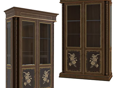 Classic Wooden Console and Side Cabinet for Home Entryway with Glass Doors Golden Floral Patterns 3d model