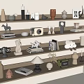 Modern Decorative Ornaments Collection On Wooden Shelves With Vases Figurines Books Candle Holders And Sculptures