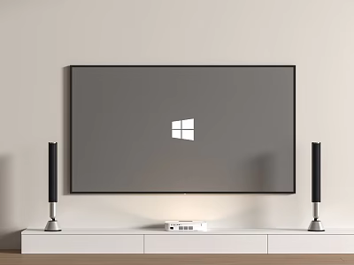 Projection Monitoring Display Screen On White Wall With White TV Stand And Black Speakers 3d model