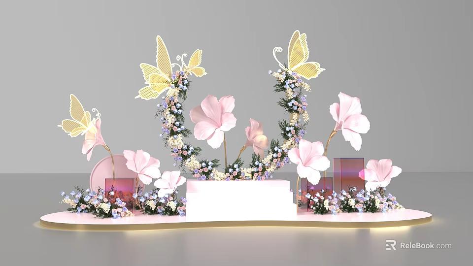 Pink Purple Flower Wall Photo Check In Spot With Butterflies And Decorative Steps 3d model 