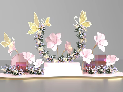 Pink Purple Flower Wall Photo Check In Spot With Butterflies And Decorative Steps 3d model