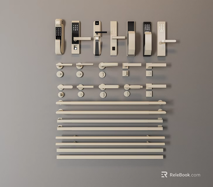 Various Modern Door Handles With Different Design Styles And Metal Finishes 3d model 