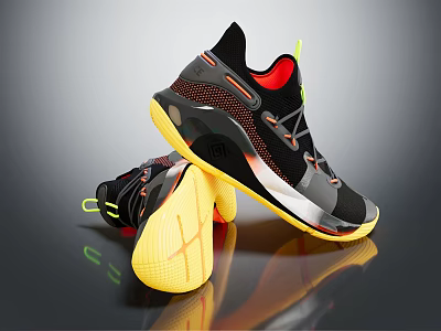 Black Basketball Shoes With Red Inner Yellow Sole Orange Accents And Silver Details Athletic Design 3d model