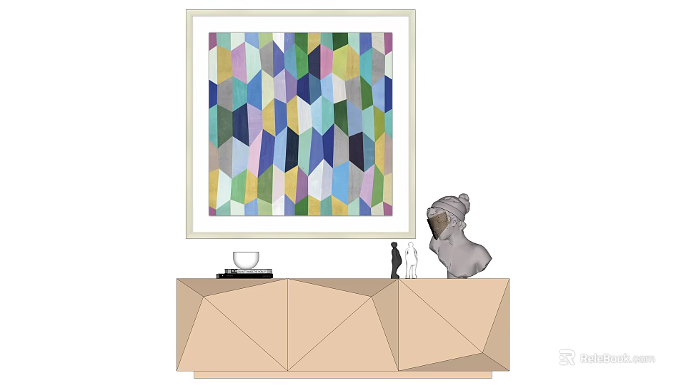 Colorful Geometric Artwork on Wall with Geometric Cabinet Gray Sculpture Decorative Items and Cup 3d model 