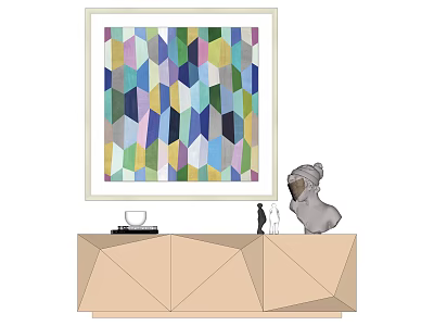 Colorful Geometric Artwork on Wall with Geometric Cabinet Gray Sculpture Decorative Items and Cup 3d model