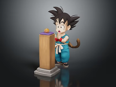 Kid Goku Character With Spiky Hair Blue Outfit Tail By Wooden Pillar Golden Orb 3d model