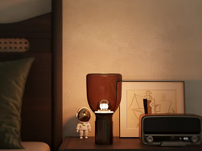 Warm Light Table Lamp On Bedroom Bedside Table With Astronaut Figurine Radio And Picture Frame 3d model
