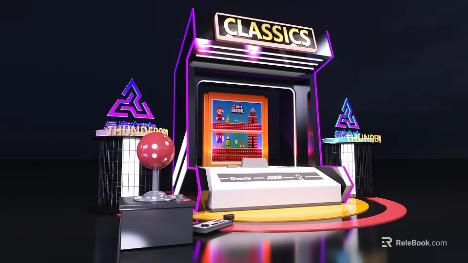 Classic Arcade Machine With Neon Lights Triangular Signs And Red Dice 3d model 
