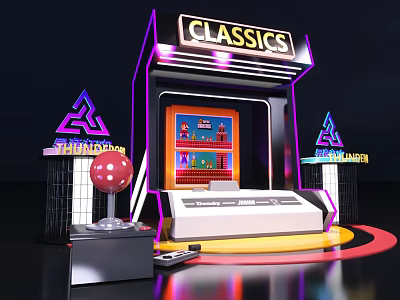 Classic Arcade Machine With Neon Lights Triangular Signs And Red Dice 3d model